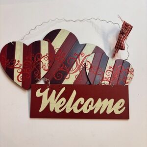 Wooden Heart Welcome Sign Red Striped Glitter Swirl Tiered Hanging Decor Cottage
